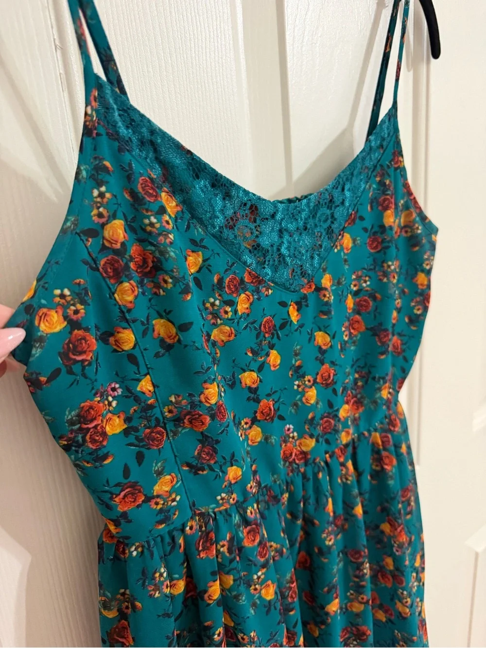 Arizona Jean Co M Teal Floral Lace Trim Dress Smocked Back Cottagecore